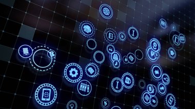 3D rendering the concept of cloud technologies and server data processing. Abstract service icons send information to bigdata and data centers. Badges in virtual space fill hi-tech background