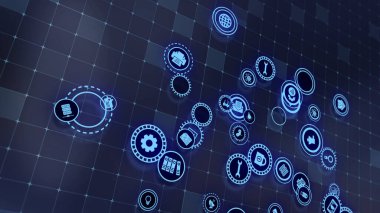 3D rendering the concept of cloud technologies and server data processing. Abstract service icons send information to bigdata and data centers. Badges in virtual space fill hi-tech background