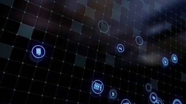 3D rendering the concept of cloud technologies and server data processing. Abstract service icons send information to bigdata and data centers. Badges in virtual space fill hi-tech background