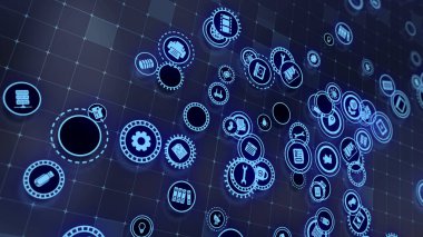 3D rendering the concept of cloud technologies and server data processing. Abstract service icons send information to bigdata and data centers. Badges in virtual space fill hi-tech background