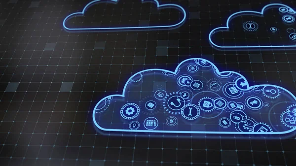 3D rendering the concept of cloud technologies and server data processing. Abstract service icons send information to bigdata and data centers. Badges in virtual space fill hi-tech background