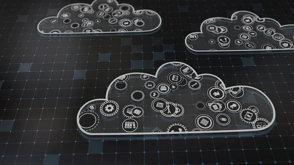 3D rendering the concept of cloud technologies and server data processing. Abstract service icons send information to bigdata and data centers. Badges in virtual space fill hi-tech background