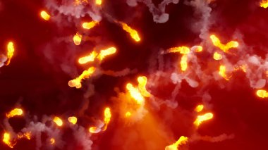 3D rendering of fireballs flying along a complex trajectory. Bright magical meteors swirl and emit plumes of smoke. The composition is ideal as a background or logo element