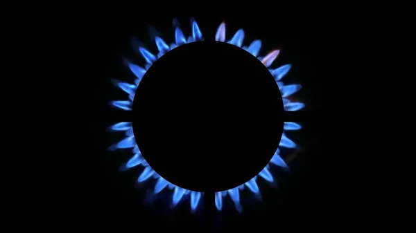 三维渲染厨房燃烧器在夜间发光 天然气的概念 煤气炉是由一个点燃的燃烧器打开的 — 图库照片