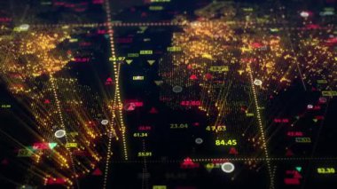 Dünya 'nın dijital haritasının arka planına karşı borsa verilerini değiştirmek. Sabit kamera. Finans piyasasında hareketlilik. Alıntıların sanal görüntüsü. Döngülü, 4K