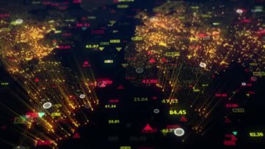 Dünya 'nın dijital haritasının arka planına karşı borsa verilerini değiştirmek. Sabit kamera. Finans piyasasında hareketlilik. Alıntıların sanal görüntüsü. Döngülü, 4K