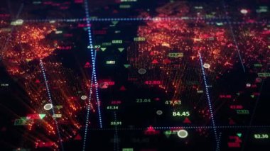 Dünya 'nın dijital haritasının arka planına karşı borsa verilerini değiştirmek. Sabit kamera. Finans piyasasında hareketlilik. Alıntıların sanal görüntüsü. Döngülü, 4K