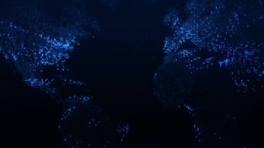 Dünya 'nın dijital haritasının aydınlatması yavaş yavaş değişiyor. Megalopolislerin ışıkları yumuşak bir parıltıyla harmanlanır. Herhangi bir video, grafik ya da proje için mükemmel bir arka plan. Döngülü, 4K