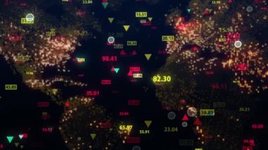 Dünya 'nın dijital haritasının arka planına karşı borsa verilerini değiştirmek. Sabit kamera. Finans piyasasında hareketlilik. Alıntıların sanal görüntüsü. Döngülü, 4K