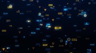 Karanlık bir arkaplandaki borsa verilerini değiştirmek. Sabit kamera. Finans piyasasında hareketlilik. Alıntıların sanal görüntüsü. Döngülü, 4K