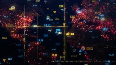 Dünya 'nın dijital haritasının arka planına karşı borsa verilerini değiştirmek. Sabit kamera. Finans piyasasında hareketlilik. Alıntıların sanal görüntüsü. Döngülü, 4K
