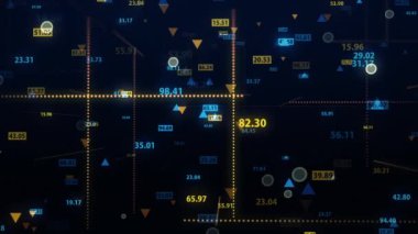 Karanlık bir arkaplandaki borsa verilerini değiştirmek. Sabit kamera. Finans piyasasında hareketlilik. Alıntıların sanal görüntüsü. Döngülü, 4K