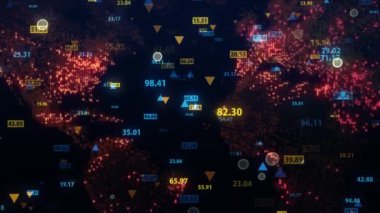 Dünya 'nın dijital haritasının arka planına karşı borsa verilerini değiştirmek. Sabit kamera. Finans piyasasında hareketlilik. Alıntıların sanal görüntüsü. Döngülü, 4K