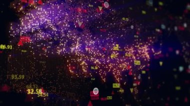 Dünya 'nın dijital haritasının arka planına karşı borsa verilerini değiştirmek. Taşınabilir kamera. Finans piyasasında hareketlilik. Alıntıların sanal görüntüsü. Döngülü, 4K