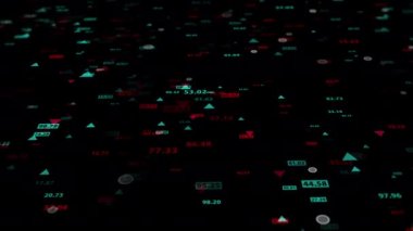 Karanlık bir arkaplandaki borsa verilerini değiştirmek. Taşınabilir kamera. Finans piyasasında hareketlilik. Alıntıların sanal görüntüsü. Döngülü, 4K