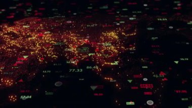 Dünya 'nın dijital haritasının arka planına karşı borsa verilerini değiştirmek. Taşınabilir kamera. Finans piyasasında hareketlilik. Alıntıların sanal görüntüsü. Döngülü, 4K