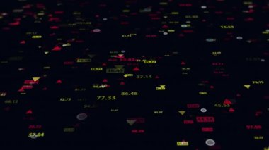 Karanlık bir arkaplandaki borsa verilerini değiştirmek. Taşınabilir kamera. Finans piyasasında hareketlilik. Alıntıların sanal görüntüsü. Döngülü, 4K
