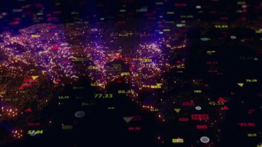 Dünya 'nın dijital haritasının arka planına karşı borsa verilerini değiştirmek. Taşınabilir kamera. Finans piyasasında hareketlilik. Alıntıların sanal görüntüsü. Döngülü, 4K