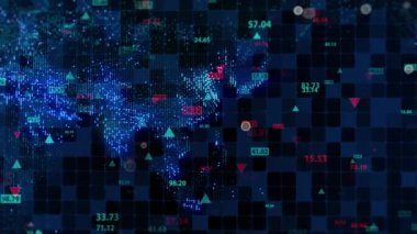 Dünya 'nın dijital haritasının arka planına karşı borsa verilerini değiştirmek. Taşınabilir kamera. Finans piyasasında hareketlilik. Alıntıların sanal görüntüsü. Döngülü, 4K
