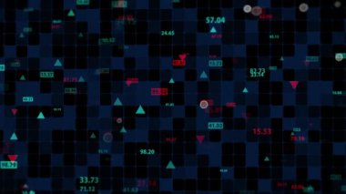 Karanlık bir arkaplandaki borsa verilerini değiştirmek. Taşınabilir kamera. Finans piyasasında hareketlilik. Alıntıların sanal görüntüsü. Döngülü, 4K