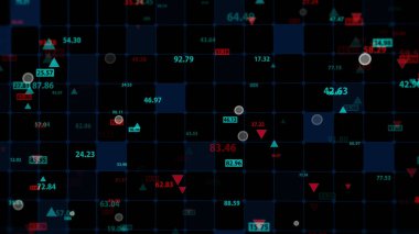 Karanlık bir arka planda borsa verilerinin üç boyutlu yorumlanması. Finansal piyasadaki alıntılar. Tırnak işaretlerinin sanal görüntüsü