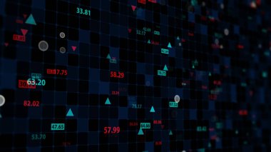 Karanlık bir arka planda borsa verilerinin üç boyutlu yorumlanması. Finansal piyasadaki alıntılar. Tırnak işaretlerinin sanal görüntüsü