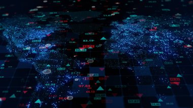 Dijital dünya haritası arkaplanındaki hisse senedi verilerinin 3 boyutlu görüntülenmesi. Finansal piyasadaki alıntılar. Tırnak işaretlerinin sanal görüntüsü