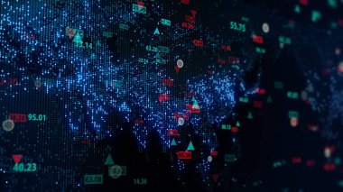 Dijital dünya haritası arkaplanındaki hisse senedi verilerinin 3 boyutlu görüntülenmesi. Finansal piyasadaki alıntılar. Tırnak işaretlerinin sanal görüntüsü