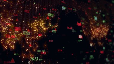 Dijital dünya haritası arkaplanındaki hisse senedi verilerinin 3 boyutlu görüntülenmesi. Finansal piyasadaki alıntılar. Tırnak işaretlerinin sanal görüntüsü