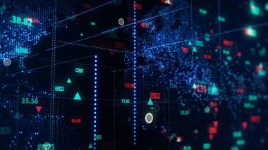 Dijital dünya haritası arkaplanındaki hisse senedi verilerinin 3 boyutlu görüntülenmesi. Finansal piyasadaki alıntılar. Tırnak işaretlerinin sanal görüntüsü