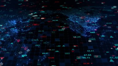 Dijital dünya haritası arkaplanındaki hisse senedi verilerinin 3 boyutlu görüntülenmesi. Finansal piyasadaki alıntılar. Tırnak işaretlerinin sanal görüntüsü