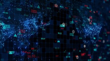 Dijital dünya haritası arkaplanındaki hisse senedi verilerinin 3 boyutlu görüntülenmesi. Finansal piyasadaki alıntılar. Tırnak işaretlerinin sanal görüntüsü