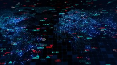 Dijital dünya haritası arkaplanındaki hisse senedi verilerinin 3 boyutlu görüntülenmesi. Finansal piyasadaki alıntılar. Tırnak işaretlerinin sanal görüntüsü