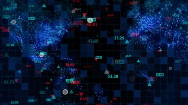 Dijital dünya haritası arkaplanındaki hisse senedi verilerinin 3 boyutlu görüntülenmesi. Finansal piyasadaki alıntılar. Tırnak işaretlerinin sanal görüntüsü