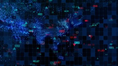 Dijital dünya haritası arkaplanındaki hisse senedi verilerinin 3 boyutlu görüntülenmesi. Finansal piyasadaki alıntılar. Tırnak işaretlerinin sanal görüntüsü