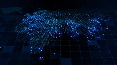 Dünya 'nın dijital haritasının 3 boyutlu görüntüsü. Megacities 'in ışıkları yumuşak bir parıltıyla birleşir. Herhangi bir fotoğraf, video, grafik veya proje için mükemmel arkaplan