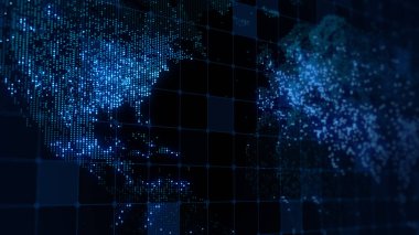 Dünya 'nın dijital haritasının 3 boyutlu görüntüsü. Megacities 'in ışıkları yumuşak bir parıltıyla birleşir. Herhangi bir fotoğraf, video, grafik veya proje için mükemmel arkaplan