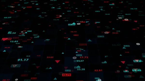 在黑暗背景下对股票市场数据进行三维渲染 金融市场上的报价 报价的虚拟显示 — 图库照片