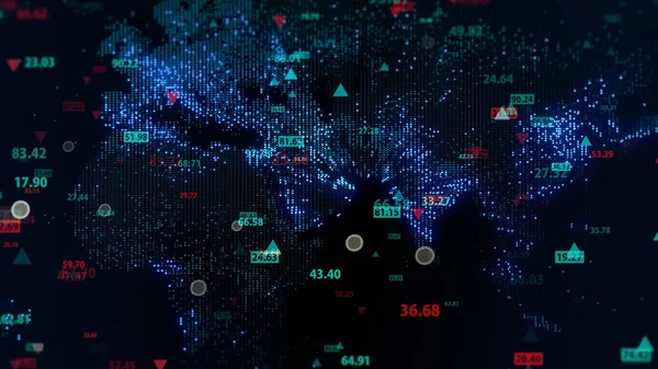 3d rendering of stock market data on digital earth map background. Quotes on the financial market. Virtual display of quotes