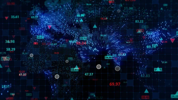 Dijital dünya haritası arkaplanındaki hisse senedi verilerinin 3 boyutlu görüntülenmesi. Finansal piyasadaki alıntılar. Tırnak işaretlerinin sanal görüntüsü