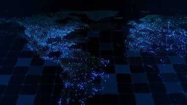 Dünya 'nın dijital haritasının 3 boyutlu görüntüsü. Megacities 'in ışıkları yumuşak bir parıltıyla birleşir. Herhangi bir fotoğraf, video, grafik veya proje için mükemmel arkaplan