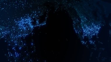 Dünya 'nın dijital haritasının 3 boyutlu görüntüsü. Megacities 'in ışıkları yumuşak bir parıltıyla birleşir. Herhangi bir fotoğraf, video, grafik veya proje için mükemmel arkaplan