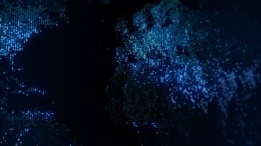 Dünya 'nın dijital haritasının 3 boyutlu görüntüsü. Megacities 'in ışıkları yumuşak bir parıltıyla birleşir. Herhangi bir fotoğraf, video, grafik veya proje için mükemmel arkaplan