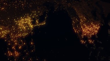 Dünya 'nın dijital haritasının 3 boyutlu görüntüsü. Megacities 'in ışıkları yumuşak bir parıltıyla birleşir. Herhangi bir fotoğraf, video, grafik veya proje için mükemmel arkaplan