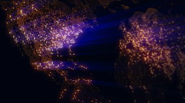 Dünya 'nın dijital haritasının 3 boyutlu görüntüsü. Megacities 'in ışıkları yumuşak bir parıltıyla birleşir. Herhangi bir fotoğraf, video, grafik veya proje için mükemmel arkaplan