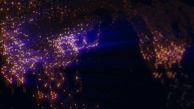 Dünya 'nın dijital haritasının 3 boyutlu görüntüsü. Megacities 'in ışıkları yumuşak bir parıltıyla birleşir. Herhangi bir fotoğraf, video, grafik veya proje için mükemmel arkaplan