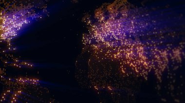 Dünya 'nın dijital haritasının 3 boyutlu görüntüsü. Megacities 'in ışıkları yumuşak bir parıltıyla birleşir. Herhangi bir fotoğraf, video, grafik veya proje için mükemmel arkaplan