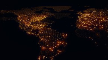 Dünya 'nın dijital haritasının 3 boyutlu görüntüsü. Megacities 'in ışıkları yumuşak bir parıltıyla birleşir. Herhangi bir fotoğraf, video, grafik veya proje için mükemmel arkaplan
