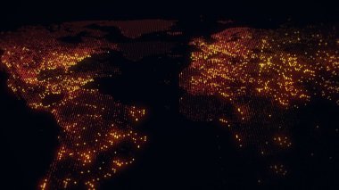 Dünya 'nın dijital haritasının 3 boyutlu görüntüsü. Megacities 'in ışıkları yumuşak bir parıltıyla birleşir. Herhangi bir fotoğraf, video, grafik veya proje için mükemmel arkaplan