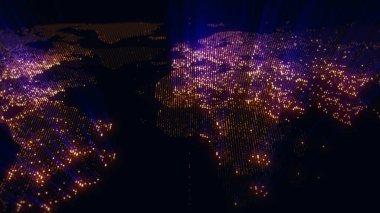 Dünya 'nın dijital haritasının 3 boyutlu görüntüsü. Megacities 'in ışıkları yumuşak bir parıltıyla birleşir. Herhangi bir fotoğraf, video, grafik veya proje için mükemmel arkaplan